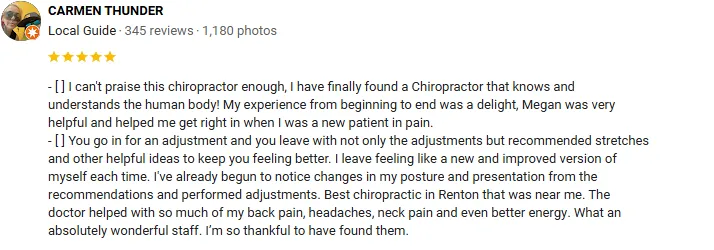 Chiropractic Renton WA Carmen Thunder Screenshot Testimonial